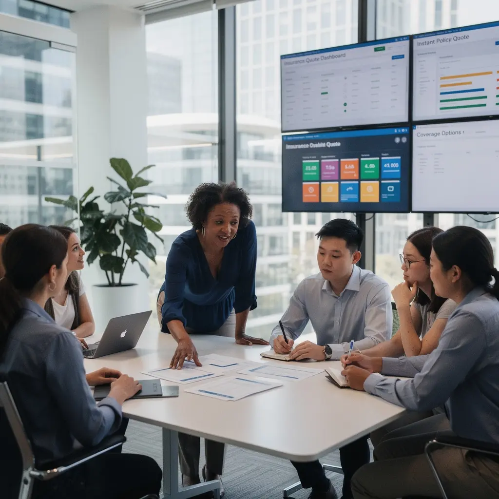 Счастливая семья, получающая консультацию по автострахованию от агента в офисе.