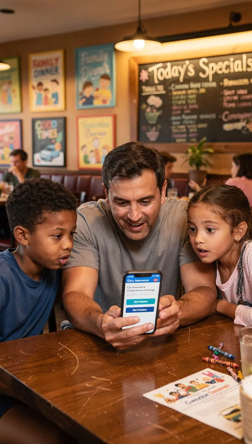 Счастливая семья, получающая страховой полис и наслаждающаяся поездкой на своем автомобиле.