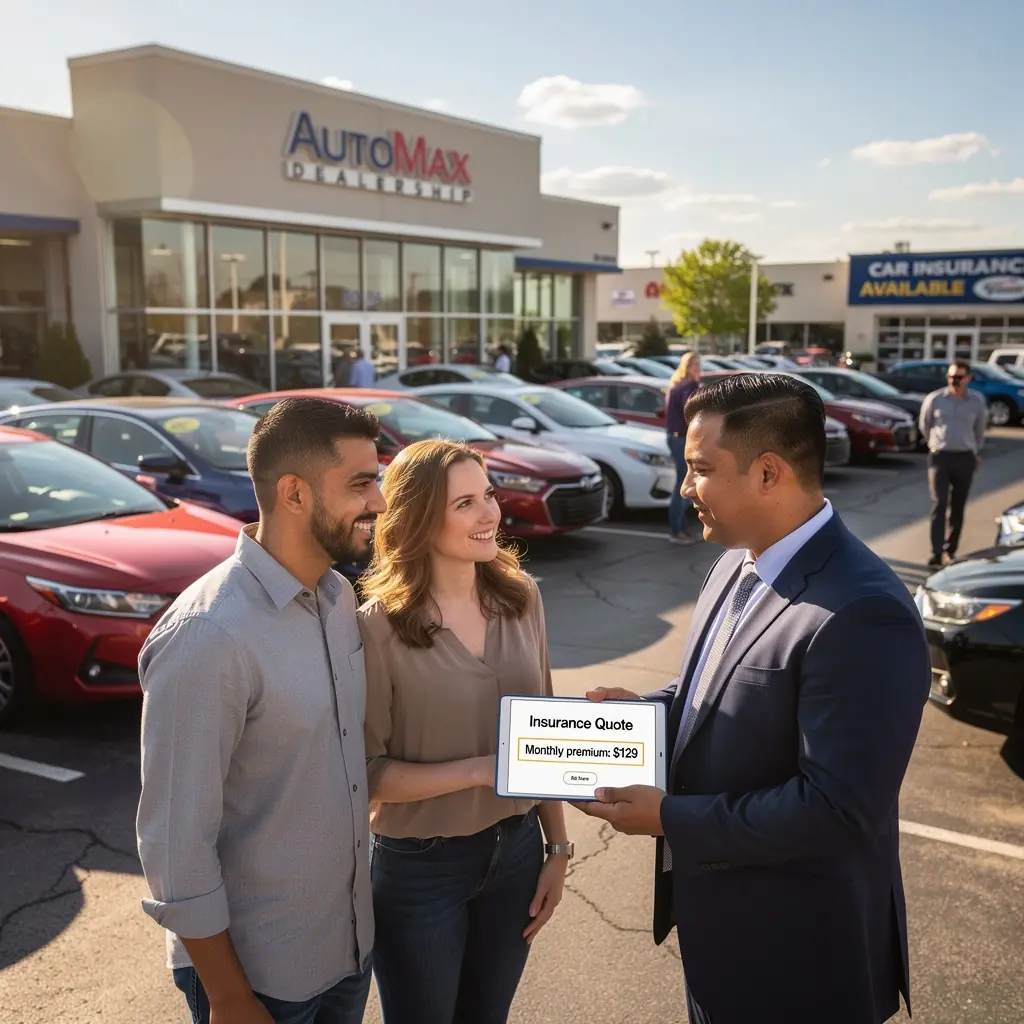 Изображение автомобиля, застрахованного в компании, с логотипом страховой организации на фоне города.