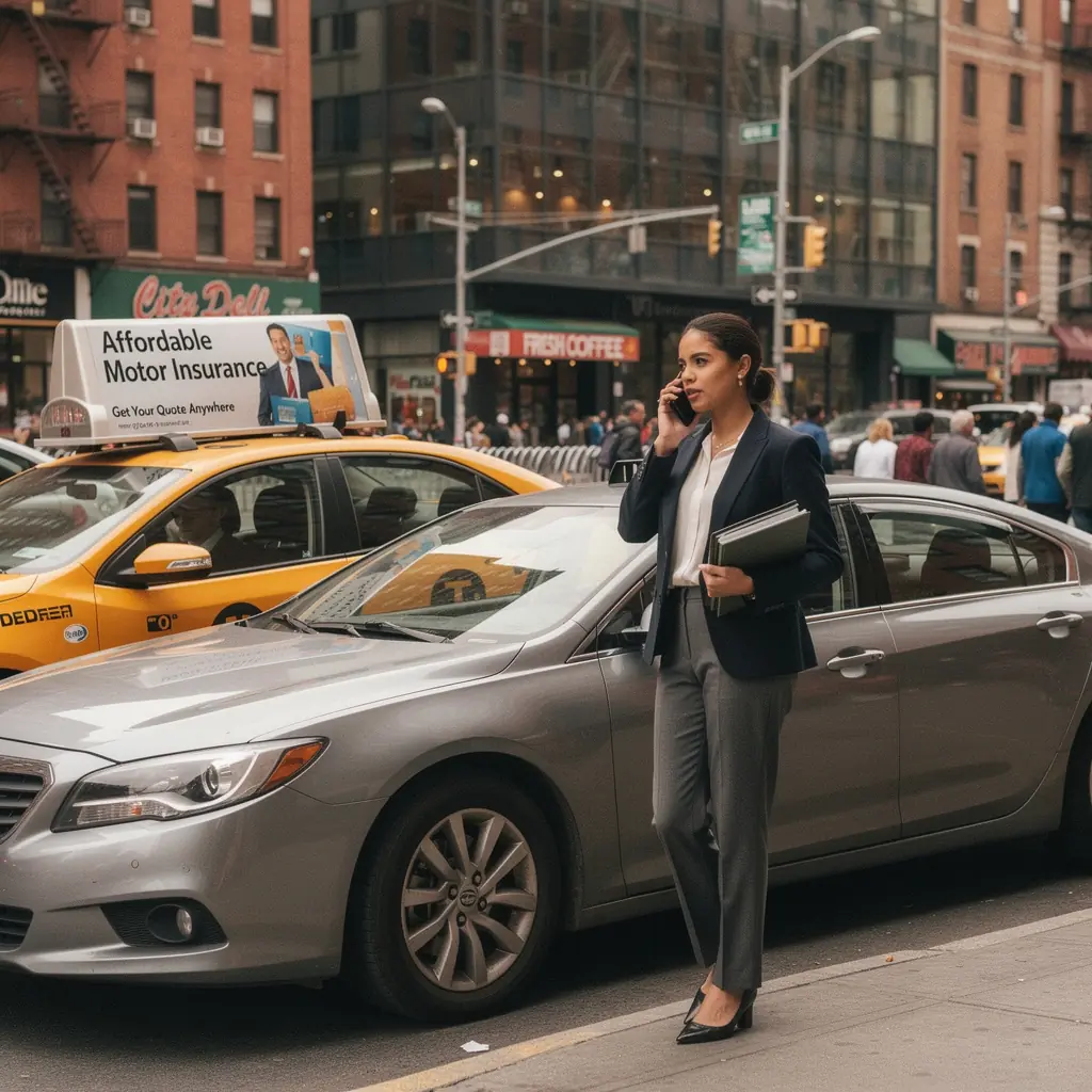 Изображение автомобиля с надписью о доступном страховании автомобилей в США.