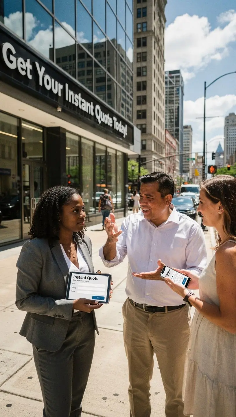 Автомобиль на фоне дороги с текстом о доступном страховании.